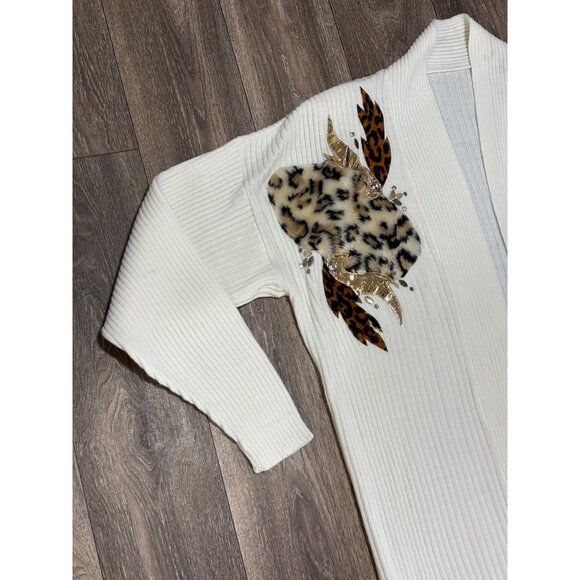 VINTAGE 80'S BEIGE GOLD LONG CARDIGAN SWEATER SHOULDER PADS ONE SIZE LEOPARD FUR - Picture 3 of 10